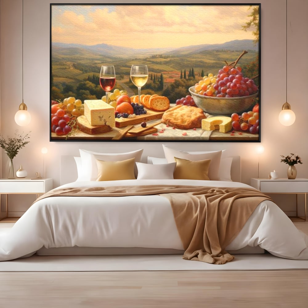 Tablou canvas cu tablou canvas cu peisaj tomnatic si masa imbelsugata, in rama de aluminiu negru, pe perete intr-un dormitor